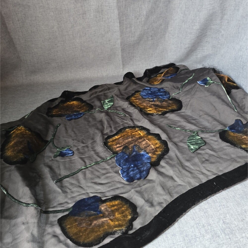 J's NY Silk/Viscose Fringed Velvet Dark Floral Mourning Scarf 18x72" Gothic
